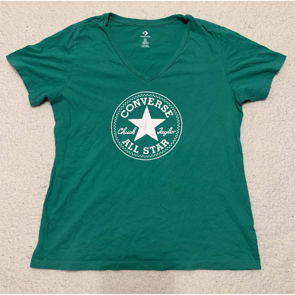 Converse Womens Chuck Taylor All Star Graphic Tee Green V-Neck T-Shirt Size L